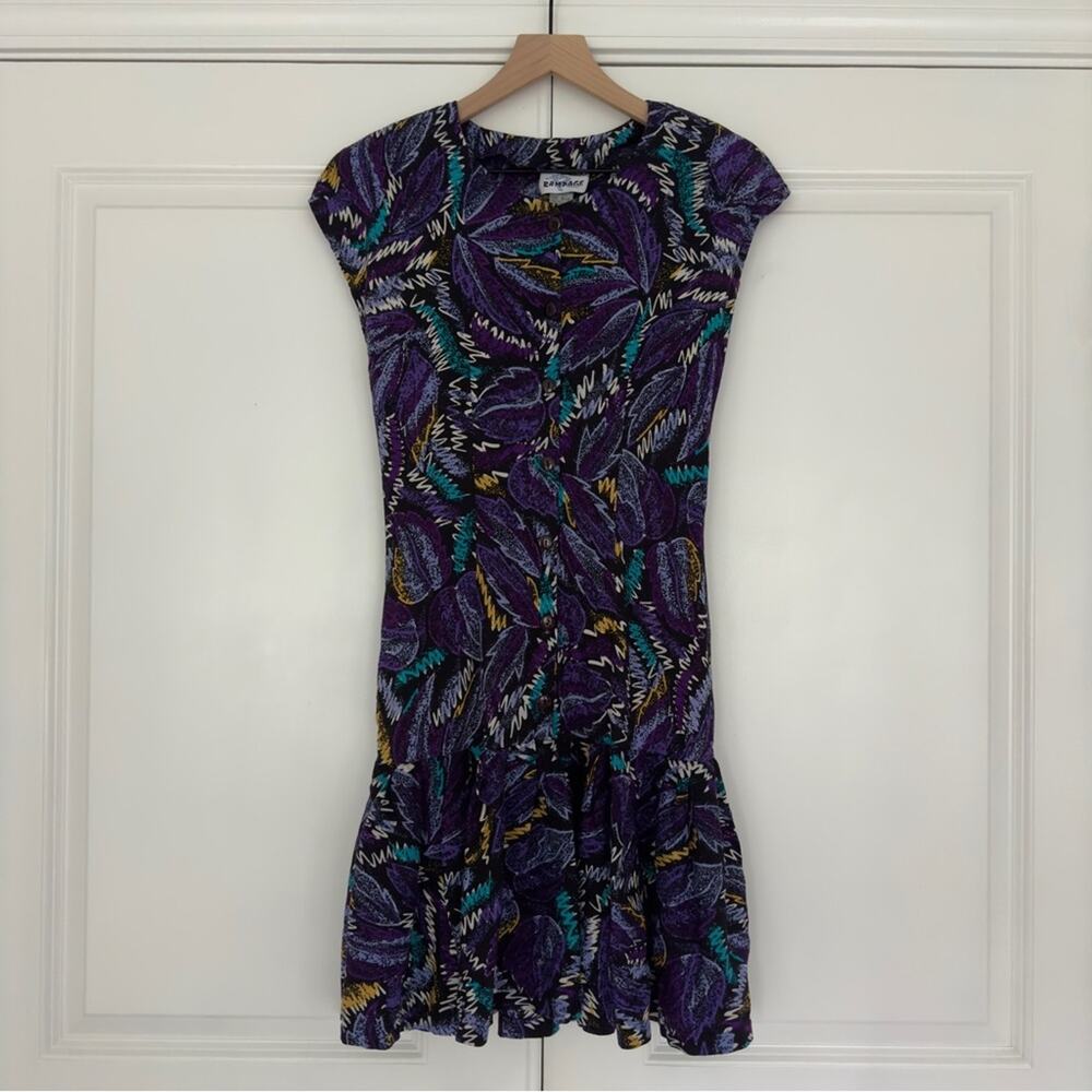 Vintage 90s Rampage Button Down Midi Dress 1990s Print Shoulder Pads VTG 9/10